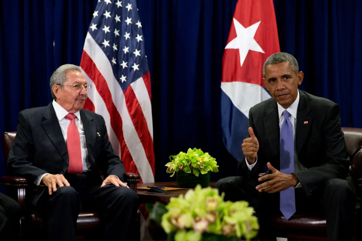 President Barack Obama and Cuban President Raul Castro sit together for members of the media before a bilateral meeting, Tuesday, Sept. 29, 2015, at the United Nations headquarters. (AP Photo/Andrew Harnik)