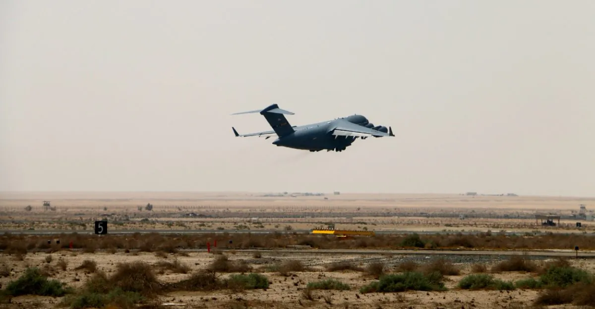 An Air Force C-17 takes off from an undisclosed base in the Persian Gulf region. (Nolan Peterson/The Daily Signal)
