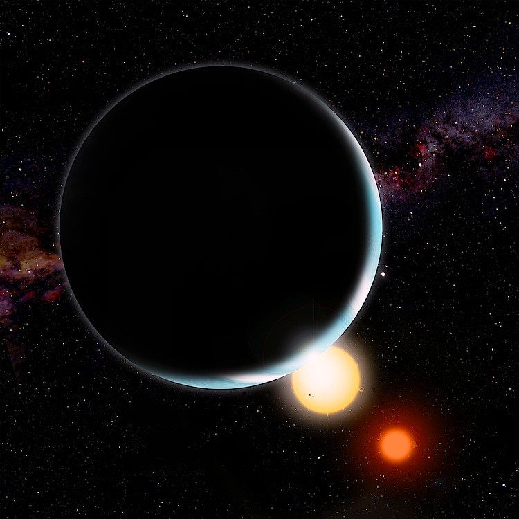 Kepler-16b, shown in this artist's conception, enjoys double sunsets as it circles a pair of stars. The orange (type K) and red (type M) stars orbit each other every 41 days, while Kepler-16b orbits them both every 229 days at 65 million miles. (David A. Aguilar/CfA) Kepler-16b, shown in this artist's conception, enjoys double sunsets as it circles a pair of stars. The orange (type K) and red (type M) stars orbit each other every 41 days, while Kepler-16b orbits them both every 229 days at 65 million miles. (David A. Aguilar/CfA)