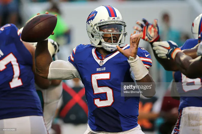 Tyrod Taylor #5 of the Buffalo Bills passes during a game against the Miami Dolphins at Sun Life Stadium in Miami Gardens, Fla., on Sept. 27, 2015. (Mike Ehrmann/Getty Images)