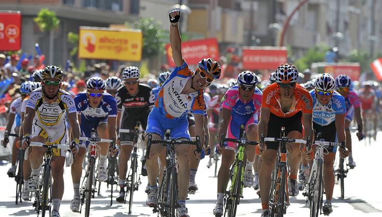 Tyler Farrar of Garmin-Transitions celebrates as he crosses the finish line of Stage Five of the Vuelta a Espana. (Jose Jordan/AFP/Getty Images) Tyler Farrar of Garmin-Transitions celebrates as he crosses the finish line of Stage Five of the Vuelta a Espana. (Jose Jordan/AFP/Getty Images)