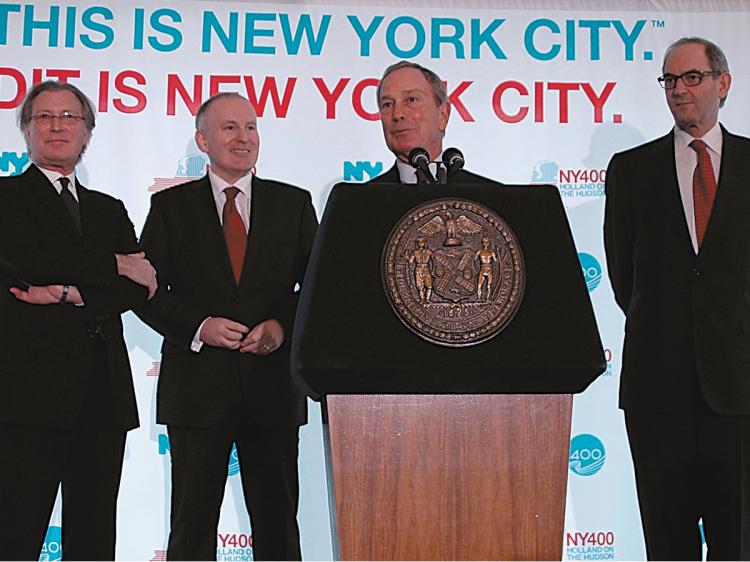 NYC and CO. CEO George Fertitta (L), Dutch Architect Ben van Berkel (L,C), Mayor Bloomberg (C), Mayor of Amsterdam Job Cohen (R) at a press conference announcing a year long celebration of the 400th anniversary of sailor Henry Hudson landing in New York. (The Epoch Times) NYC and CO. CEO George Fertitta (L), Dutch Architect Ben van Berkel (L,C), Mayor Bloomberg (C), Mayor of Amsterdam Job Cohen (R) at a press conference announcing a year long celebration of the 400th anniversary of sailor Henry Hudson landing in New York. (The Epoch Times)