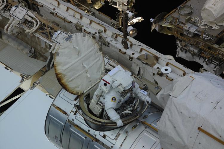 Doug Wheelock and fellow astronaut Tracy Caldwell Dyson completed the second of three spacewalks to remove a failed ammonia coolant pump module on the station's S1 truss on Wednesday, Aug. 11. (Courtesy of NASA)