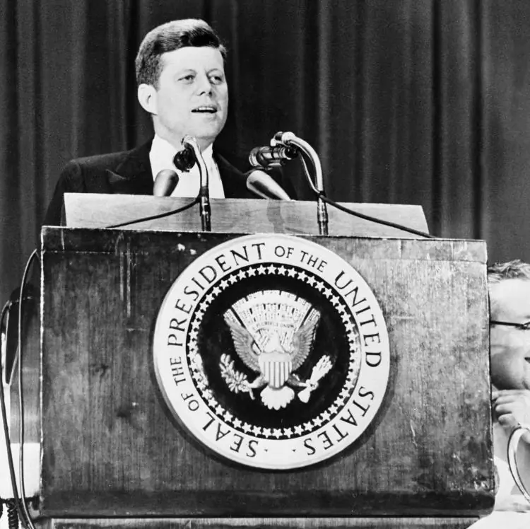 File photo of former President John F. Kennedy during a speech at the Waldorf Astoria hotel in New York City, April 27, 1961. The current Democratic Party is very different to the one led by Kennedy. (Getty Images)