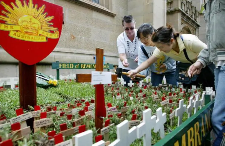 The field of remembrance run by the War Widow's Guild NSW, for ANZAC Day, 25 April. Small wooden crosses each with a sprig of rosemary in memory of those lost.  (Rob Elliott/AFP/Getty Images)