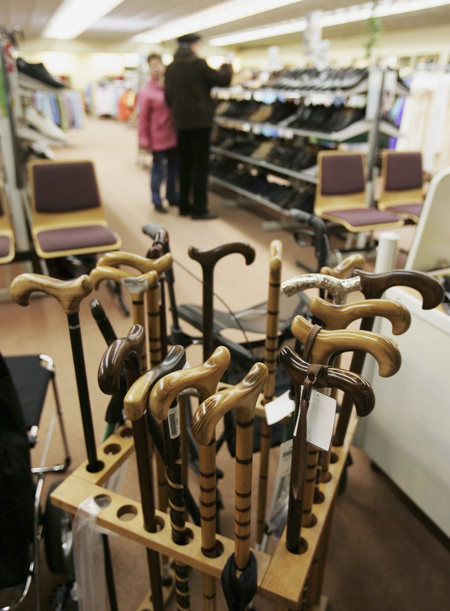 Walking canes await elderly shoppers at a specialist retail store catering to senior citizens, March 23, 2006 in Grossraeschen, Germany. Walking canes await elderly shoppers at a specialist retail store catering to senior citizens, March 23, 2006 in Grossraeschen, Germany.