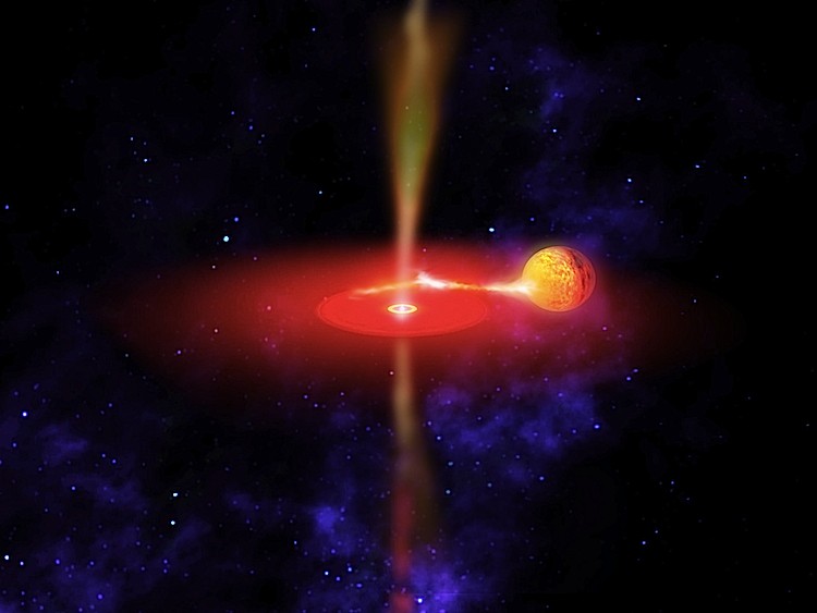 Artist's concept of the flaring black hole, GX 339-4. It is surrounded by an accretion disk (red) from a neighboring star (yellow orb). Some of this material is not drawn into the hole, but instead forms jets (yellow flows above and below the disk). (NASA) Artist's concept of the flaring black hole, GX 339-4. It is surrounded by an accretion disk (red) from a neighboring star (yellow orb). Some of this material is not drawn into the hole, but instead forms jets (yellow flows above and below the disk). (NASA)