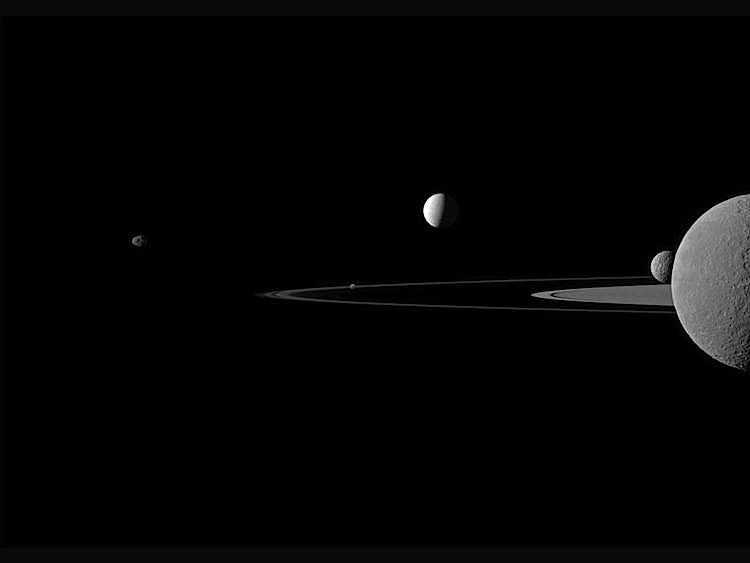 A quintet of Saturn's moons come together in the Cassini spacecraft's field of view for this portrait. (NASA/JPL-Caltech/Space Science Institute ) A quintet of Saturn's moons come together in the Cassini spacecraft's field of view for this portrait. (NASA/JPL-Caltech/Space Science Institute )