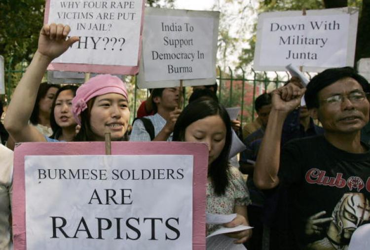 Burmese refugees living in India shout slogans during a protest in New Delhi, 19 March 2007, against the alleged gang rape of four school girls by Burmese soldiers and they alleged rape. Four school girls were allegedly gang raped by Burmese soldiers in P (Manpreet Romana/AFP/Getty Images) Burmese refugees living in India shout slogans during a protest in New Delhi, 19 March 2007, against the alleged gang rape of four school girls by Burmese soldiers and they alleged rape. Four school girls were allegedly gang raped by Burmese soldiers in P (Manpreet Romana/AFP/Getty Images)