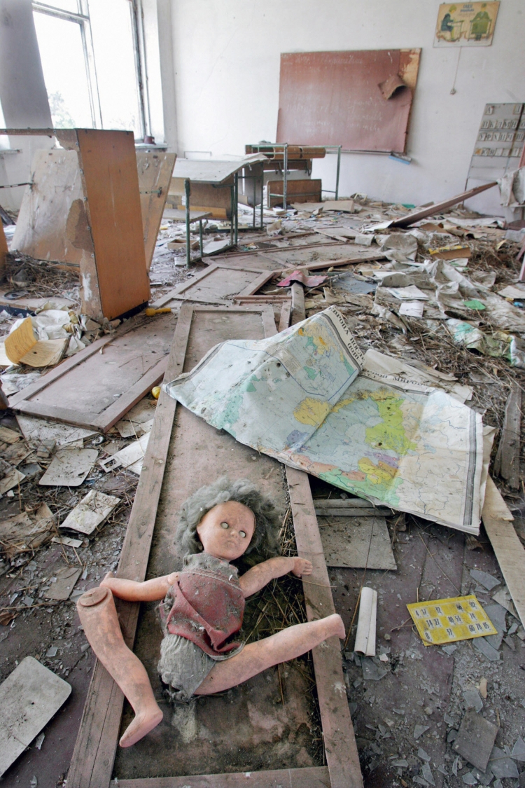 A classroom in the Ukraine 20 years after the entire population fled the city. Once a premier European destination, Prypiat�located next to the 1986 Chernobyl nuclear disaster�is now overtaken with weeds and wildlife. (VIKTOR DRACHEV/AFP/Getty Images) A classroom in the Ukraine 20 years after the entire population fled the city. Once a premier European destination, Prypiat�located next to the 1986 Chernobyl nuclear disaster�is now overtaken with weeds and wildlife. (VIKTOR DRACHEV/AFP/Getty Images)