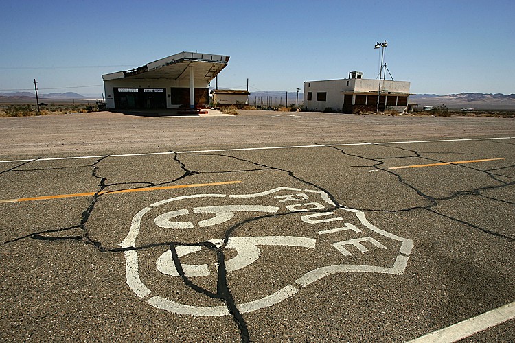 HISTORIC ROUTE 66: Signs of neglect can be seen even on such a historic highway as Route 66, near an abandoned gas station (L) and Cafe on June 16, 2007 in Ludlow, California. (David McNew/Getty Images) HISTORIC ROUTE 66: Signs of neglect can be seen even on such a historic highway as Route 66, near an abandoned gas station (L) and Cafe on June 16, 2007 in Ludlow, California. (David McNew/Getty Images)
