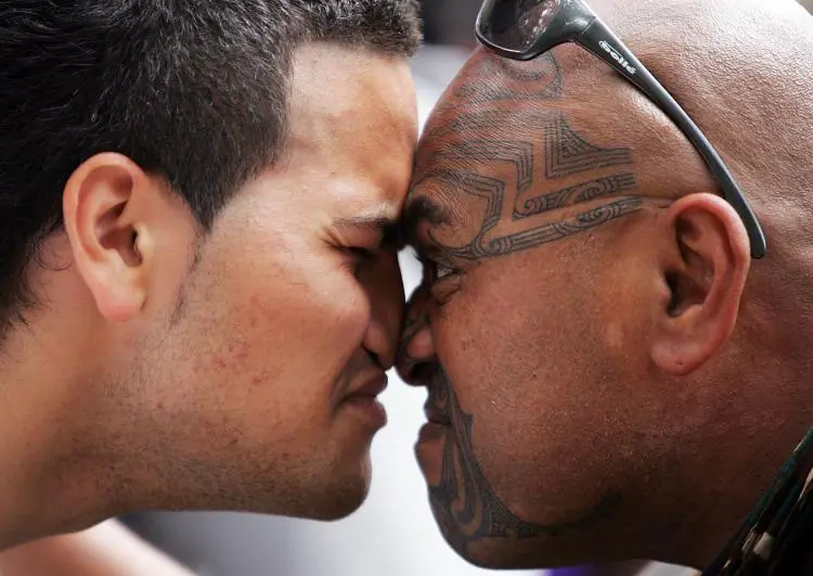 Kawiti Waetforo greets a member of the Tuhoe tribe with a hongi on Waitangi Day. Waitangi Day is the national day of New Zealand - an annual public holiday on February 6 to celebrate the signing of the Treaty of Waitangi, New Zealand's founding document, (Hannah Johnston/Getty Images)