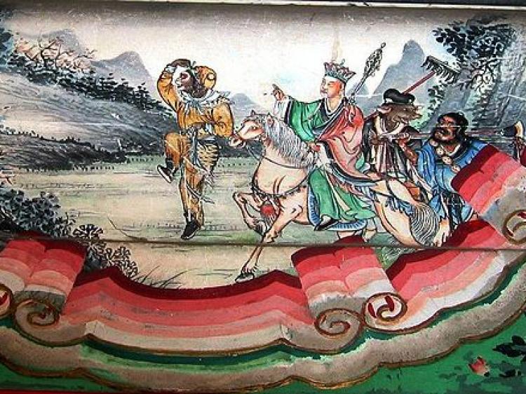 Photograph of painting depicting a scene from the Chinese classic Journey to the West. The painting shows the four heros of the story, left to right: Sun Wukong, Xuanzang, Zhu Wuneng, and Sha Wujing. (Wikimedia Commons)