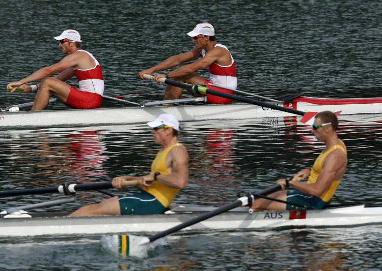 Canada's David Calder and Scott Frandsen (top) and Australia's Drew Ginn and Duncan Free compete in the men's pair final at the Shunyi Rowing and Canoeing Park (Mustafa Ozer/AFP/Getty Images) Canada's David Calder and Scott Frandsen (top) and Australia's Drew Ginn and Duncan Free compete in the men's pair final at the Shunyi Rowing and Canoeing Park (Mustafa Ozer/AFP/Getty Images)