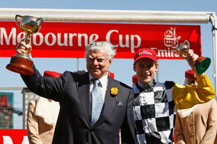Bart Cummings and jockey Blake Shinn celebrate with the trophies after their horse Viewed won the Emirates Melbourne Cup during The Melbourne Cup Carnival meeting at Flemington Racecourse. (Quinn Rooney/Getty Images) Bart Cummings and jockey Blake Shinn celebrate with the trophies after their horse Viewed won the Emirates Melbourne Cup during The Melbourne Cup Carnival meeting at Flemington Racecourse. (Quinn Rooney/Getty Images)