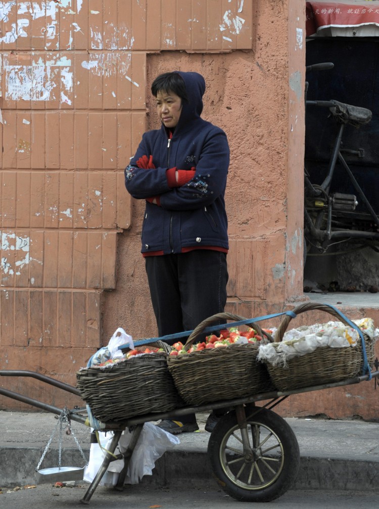 A woman sells strawberries along a street in Beijing on Feb. 6, 2009.  (AFP/Getty Images)