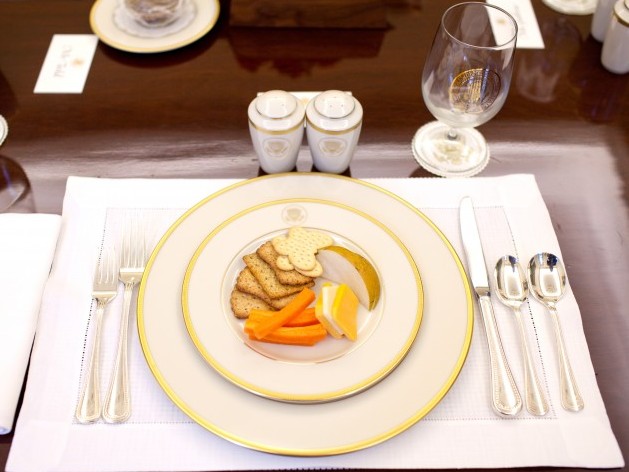 a simple plate of cheese, crackers and carrots is set for the table in the President's Private Dining Room of the White House on April 27, 2009 in Washington, DC.