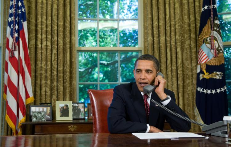 Landlines becoming outdated? US President Barack Obama talks on the phone with Astronauts aboard the Space Shuttle Atlantis, while on a mission to repair the Hubble Space Telescope, from the White House in Washington, May 20, 2009. (Saul Loeb/AFP/Getty Images) Landlines becoming outdated? US President Barack Obama talks on the phone with Astronauts aboard the Space Shuttle Atlantis, while on a mission to repair the Hubble Space Telescope, from the White House in Washington, May 20, 2009. (Saul Loeb/AFP/Getty Images)