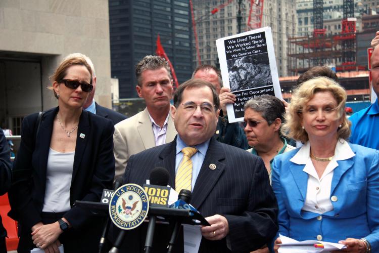 Rep. Carolyn Maloney (R), Rep. Jerrold Nadler (C), and President of the Uniform Fire Fighters Association Steve Cassidy (L) spoke in support of the 9/11 Health Bill at the plaza in front of the World Trade Center Sunday. (Shahrzad Noorbaloochi/The Epoch Times) Rep. Carolyn Maloney (R), Rep. Jerrold Nadler (C), and President of the Uniform Fire Fighters Association Steve Cassidy (L) spoke in support of the 9/11 Health Bill at the plaza in front of the World Trade Center Sunday. (Shahrzad Noorbaloochi/The Epoch Times)