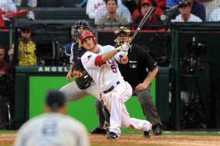 Jeff Mathis #5 of the Los Angeles Angels of Anaheim hits a walks off double in 11th inning in Game Three of the ALCS during the 2009 MLB Playoffs at Angel Stadium on October 19, 2009 in Anaheim, California. The Angels defeated the Yankees 5-4 in 11 innings. (Harry How/Getty Images) Jeff Mathis #5 of the Los Angeles Angels of Anaheim hits a walks off double in 11th inning in Game Three of the ALCS during the 2009 MLB Playoffs at Angel Stadium on October 19, 2009 in Anaheim, California. The Angels defeated the Yankees 5-4 in 11 innings. (Harry How/Getty Images)
