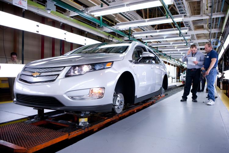 GM'S FUTURE: In this handout image provided by General Motors, The first pre-production Chevrolet Volt is on the assembly line at the Detroit-Hamtramck manufacturing plant on March 29 in Detroit. GM'S FUTURE: In this handout image provided by General Motors, The first pre-production Chevrolet Volt is on the assembly line at the Detroit-Hamtramck manufacturing plant on March 29 in Detroit.