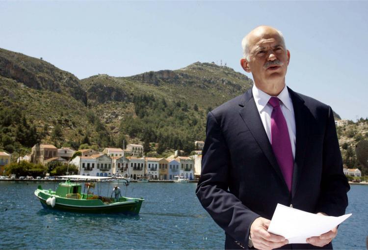 Greek Prime Minister George Papandreou speaks to the media on the island of Kastelorizo, southeastern Greece on April 23. (Tatiana Bolari/AFP/Getty Images) Greek Prime Minister George Papandreou speaks to the media on the island of Kastelorizo, southeastern Greece on April 23. (Tatiana Bolari/AFP/Getty Images)
