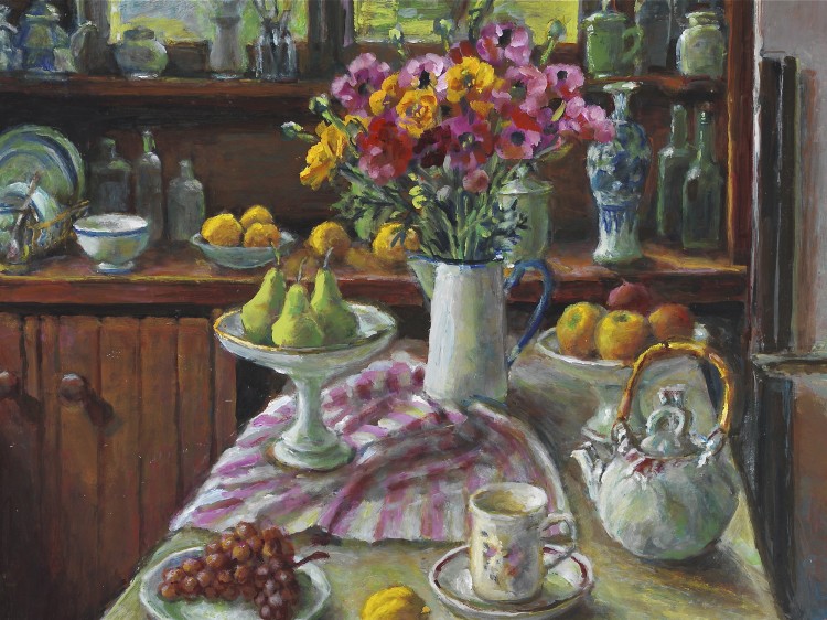 Margaret Olley's 'Ranunculus and pears,' 2004, oil on hardboard, 76 by 101cm. (Art Gallery of New South Wales) Margaret Olley's 'Ranunculus and pears,' 2004, oil on hardboard, 76 by 101cm. (Art Gallery of New South Wales)