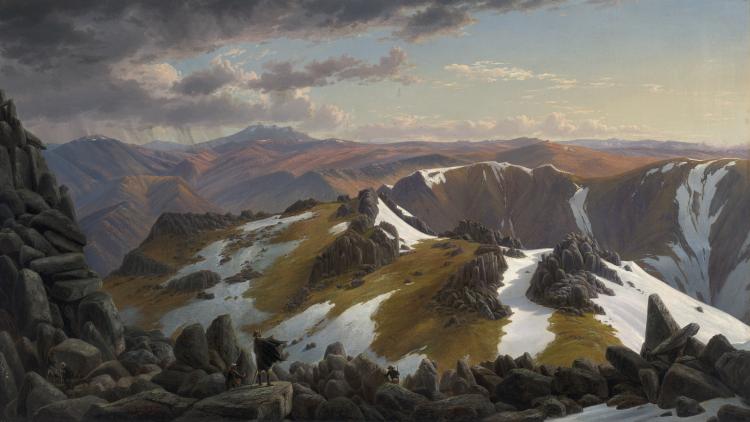 North-east view from the northern top of Mount Kosciusko 1863 by Eugene von Guerard. Oil on canvas, 66.5 x 116.8cm, National Gallery of Australia, Canberra, was purchased 1973. (Courtesy of National Gallery of Victoria) North-east view from the northern top of Mount Kosciusko 1863 by Eugene von Guerard. Oil on canvas, 66.5 x 116.8cm, National Gallery of Australia, Canberra, was purchased 1973. (Courtesy of National Gallery of Victoria)