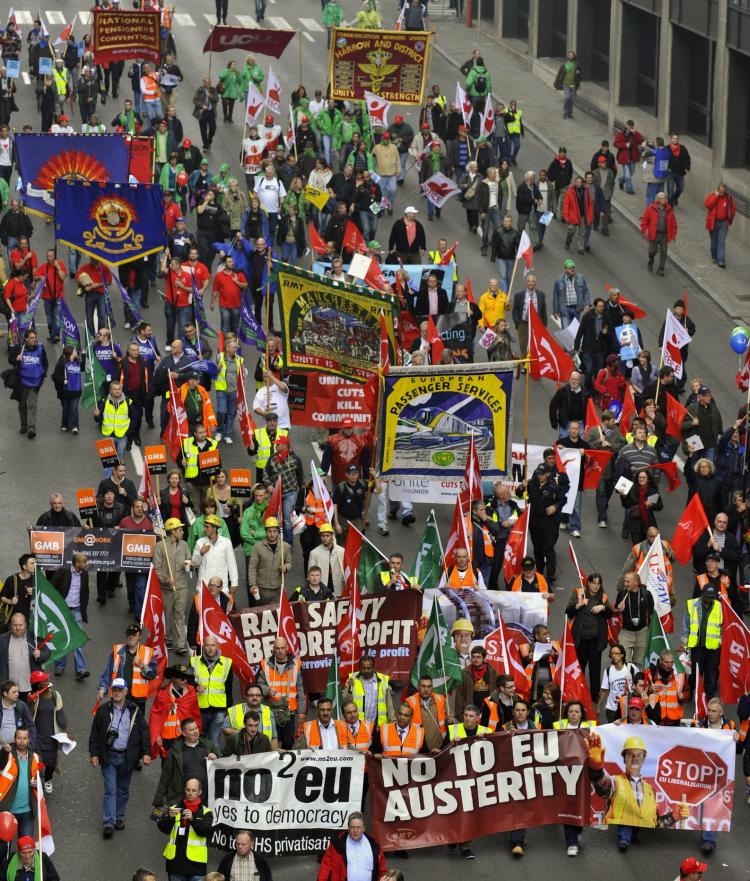 People demonstrate to say 'no to austerity', on Sept 29 in Brussels. Thousands of people from across Europe took to the streets in a worker backlash against painful spending cuts. The biggest march since 2001 was timed to coincide with an EU plan to fine (Georges Gobet/AFP/Getty Images) People demonstrate to say 'no to austerity', on Sept 29 in Brussels. Thousands of people from across Europe took to the streets in a worker backlash against painful spending cuts. The biggest march since 2001 was timed to coincide with an EU plan to fine (Georges Gobet/AFP/Getty Images)