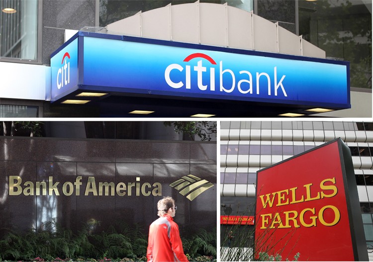 Wells Fargo & Co. and Bank of America Corp. were downgraded in long-term credit ratings as well as the short-term credit rating of Citigroup Inc. on Wednesday by rating agency Moody's Investors Service. All three banks are among the top five U.S. banks measured by assets. (Justin Sullivan/Getty Images)