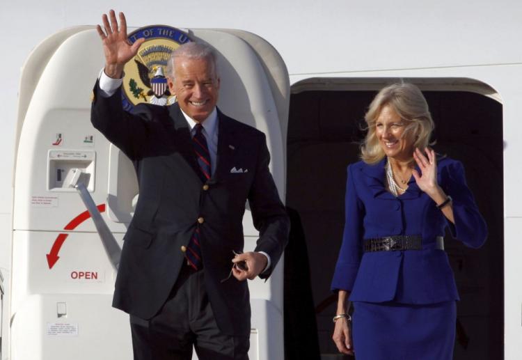 U.S. Vice President Joe Biden (L) and his wife Jill Biden wave upon their arrival at Ben Gurion International Airport near Tel Aviv on Monday. (Baz Ratner/AFP/Getty Images)