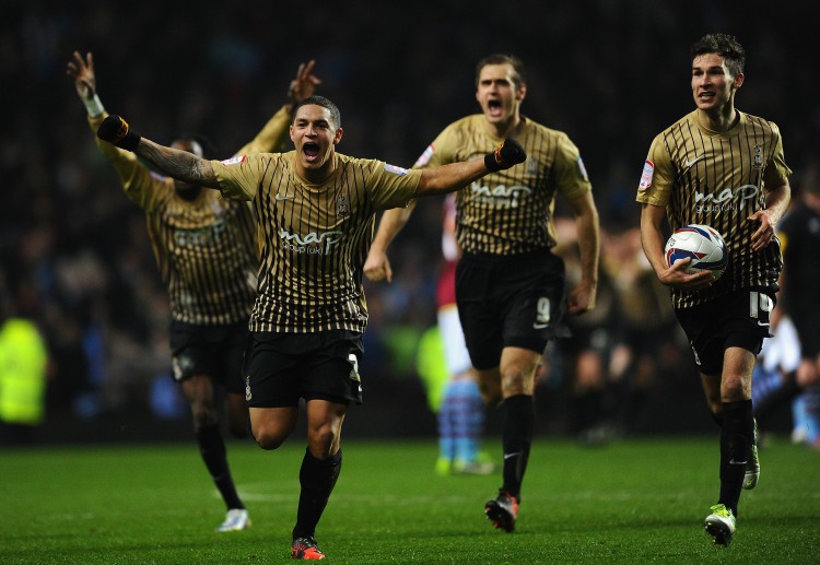 Aston Villa v Bradford City - Capital One Cup Semi-Final Second Leg Bradford City's Nathan Doyle and his teammates celebrate after reaching the final of the Capital One Cup at Villa Park in Birmingham, England on Tuesday, Jan. 22, 2012. (Laurence Griffiths/Getty Images)