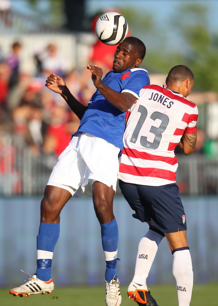 United States v Canada Canada's Olivier Occean (L) competes for a header with US player Jermaine Jones at BMO Field in Toronto Sunday night (Tom Szczerbowski/Getty Images)