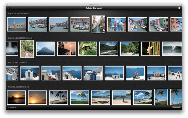 The main screen is shown in Adobe Carousel. The cloud-based application allows users to sync images between their computers, iPhones, or iPads, and to share images with friends automatically. (Courtesy of Adobe) The main screen is shown in Adobe Carousel. The cloud-based application allows users to sync images between their computers, iPhones, or iPads, and to share images with friends automatically. (Courtesy of Adobe)