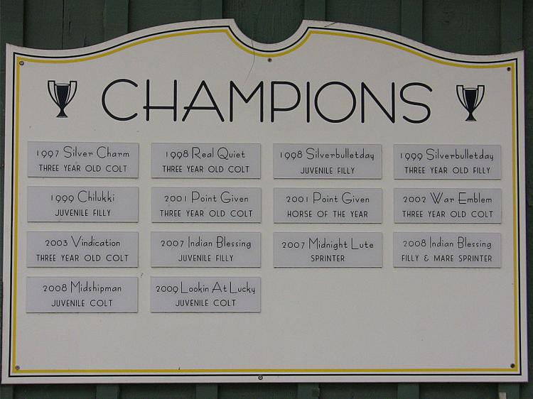 One of many plaques listing winners displayed at Bob Baffert's Santa Anita Racetrack's stable block. (Cheryl Casati/The Epoch Times)