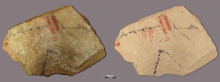 Photograph (L) and drawing ® of an unidentifiable zoomorphic figure painted in red and black. (Raphaëlle Bourrillon) Photograph (L) and drawing ® of an unidentifiable zoomorphic figure painted in red and black. (Raphaëlle Bourrillon)