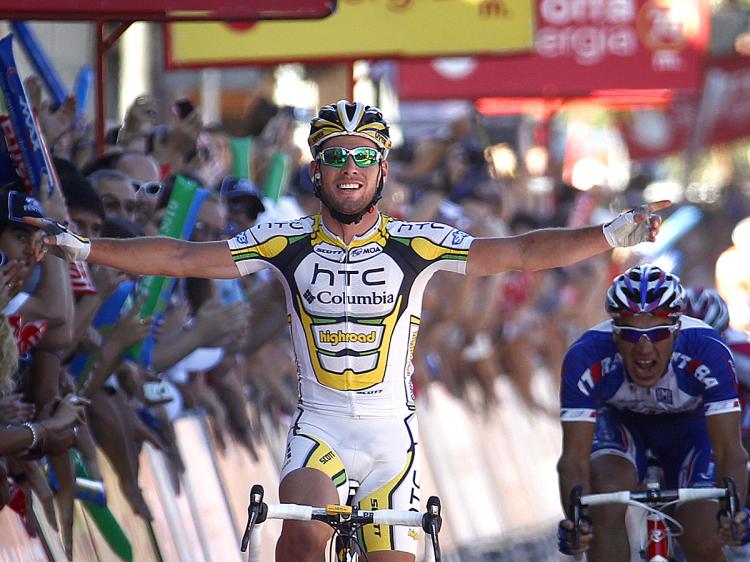 Mark Cavendish of Team HTC-Columbia celebrates winning Stage Twelve of the Vuelta a España. (Jaime Reina/AFP/Getty Images) Mark Cavendish of Team HTC-Columbia celebrates winning Stage Twelve of the Vuelta a España. (Jaime Reina/AFP/Getty Images)