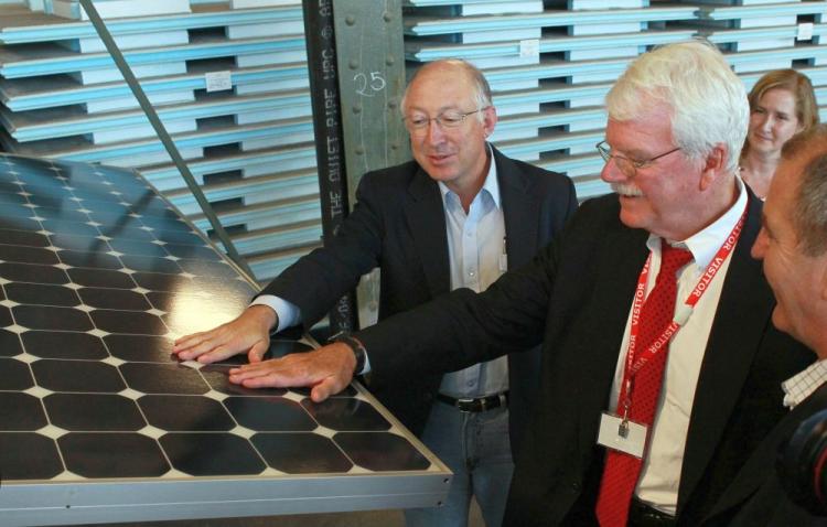 U.S. Secretary of the Interior Ken Salazar (L) and U.S. Rep. George Miller touch a solar panel as they tour Sunpower Corporation's research and development facility Oct. 14 in Richmond, California. (Justin Sullivan/Getty Images) U.S. Secretary of the Interior Ken Salazar (L) and U.S. Rep. George Miller touch a solar panel as they tour Sunpower Corporation's research and development facility Oct. 14 in Richmond, California. (Justin Sullivan/Getty Images)