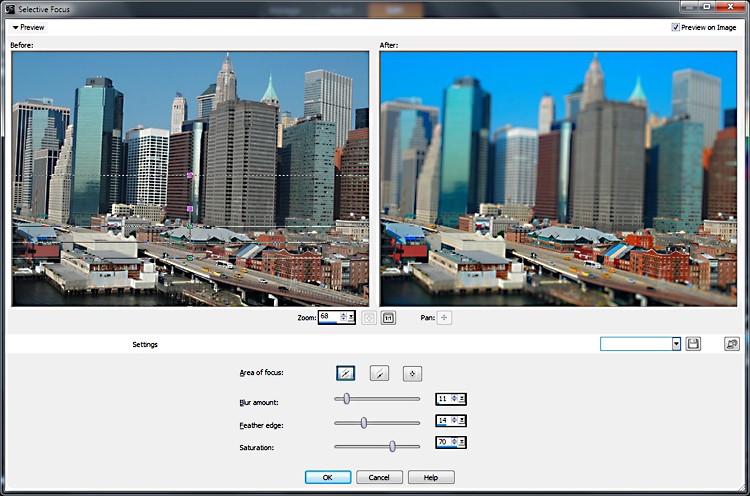 The new 'Selective Focus' feature is shown creating a tilt-shift image in a screenshot of Corel PaintShop Pro X4. (Corel) The new 'Selective Focus' feature is shown creating a tilt-shift image in a screenshot of Corel PaintShop Pro X4. (Corel)