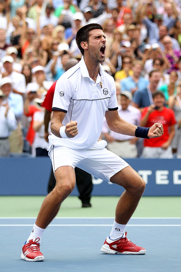 VICTORY: Novak Djokovic celebrates his five set comeback victory over Roger Federer in the semifinal match at the US Open on Super Saturday on Arthur Ashe Stadium in Flushing, New York. Djokovic will face defending Champion Rafael Nadal in the final on Monday. (Matthew Stockman/Getty Images) VICTORY: Novak Djokovic celebrates his five set comeback victory over Roger Federer in the semifinal match at the US Open on Super Saturday on Arthur Ashe Stadium in Flushing, New York. Djokovic will face defending Champion Rafael Nadal in the final on Monday. (Matthew Stockman/Getty Images)