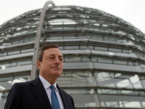 European Central Bank President Mario Draghi stands in front of the Bundestag, Germany's parliament, last week in Berlin.  Johannes Eisele/AFP/Getty Images 