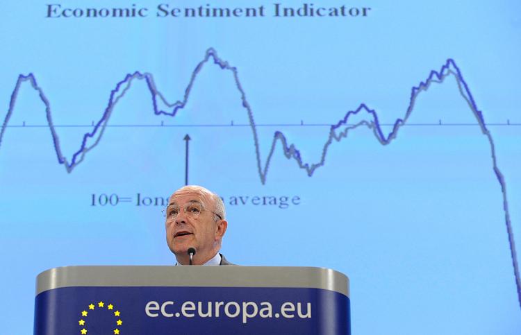 EU economic and monetary affairs commissioner Joaquin Almunia reports on the commission's bi-annual interim economic forecast at EU headquarters in Brussels on September 14, 2009. The European Union economy will shrink by four percent in 2009 but will climb out of recession in the third quarter, the European Commission forecasted. But the recovery from recession will be weighed down by rising unemployment and strained government finances. (John Thys/AFP/Getty Images) EU economic and monetary affairs commissioner Joaquin Almunia reports on the commission's bi-annual interim economic forecast at EU headquarters in Brussels on September 14, 2009. The European Union economy will shrink by four percent in 2009 but will climb out of recession in the third quarter, the European Commission forecasted. But the recovery from recession will be weighed down by rising unemployment and strained government finances. (John Thys/AFP/Getty Images)