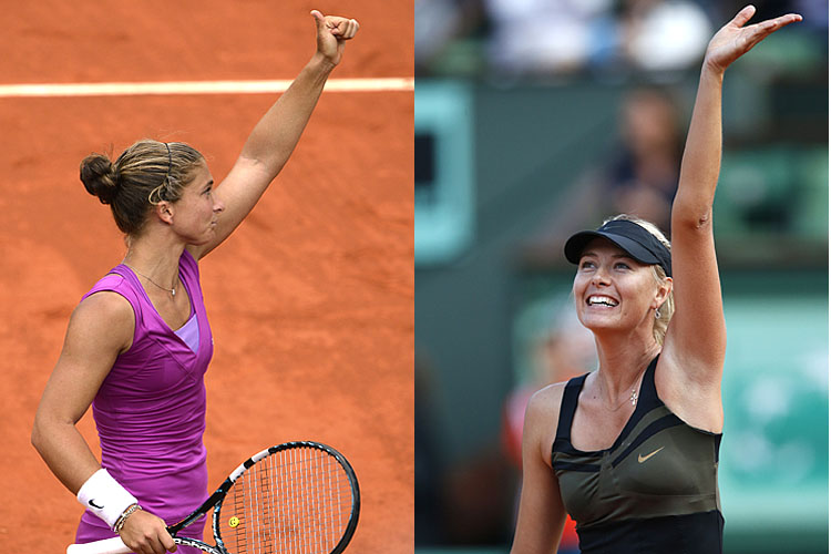 Errani145880552Sharpa145885228 Sara Errani reacts after beating Samantha Stosur during their French Open Women's Singles semifinal match. (Pascal Guyot/AFP/GettyImages) Maria Sharapova waves to the crowd after defeating Petra Kvitova. (Thomas Coex/AFP/GettyImages)
