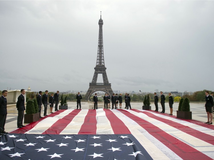 A giant U.S. flag is displayed in front of the Eiffel tower during a solemn tribute to the victims of the 9/11 attacks on Sunday at the Trocadero square in Paris. (Miguel Medina/AFP/Getty Images) A giant U.S. flag is displayed in front of the Eiffel tower during a solemn tribute to the victims of the 9/11 attacks on Sunday at the Trocadero square in Paris. (Miguel Medina/AFP/Getty Images)