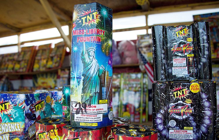 Fireworks arranged for sale on the counter at a stand in Washington Fireworks arranged for sale on the counter at a stand in Washington