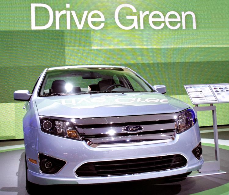 A Ford Fusion hybrid car is displayed at the North American International Auto Show January 11, 2010 in Detroit, Michigan. Over 700 vehicles, including 60 new models, were exhibited at the auto show. (Photo by Bill Pugliano/Getty Images)