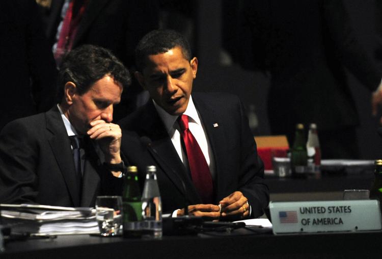 U.S.President Barack Obama (R) and U.S. Treasury Secretary Timothy Geithner take part in a round table meeting in London on April 2, 2009 during the G20 summit. (Dominique Faget/AFP/Getty Images) U.S.President Barack Obama (R) and U.S. Treasury Secretary Timothy Geithner take part in a round table meeting in London on April 2, 2009 during the G20 summit. (Dominique Faget/AFP/Getty Images)