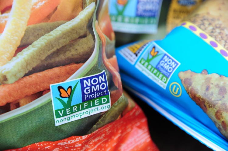 Examples of labels on bags of snacks indicating they are non-GMO (genetically modified organism) food products, in Los Angeles Oct. 19. Despite the defeat of Prop 37 in November, which would have required such labels on products containing GMOs, advocacy groups will continue to push for labeling laws. (ROBYN BECK/AFP/Getty Images)