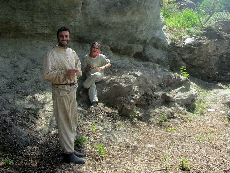 Giannis Zarikos (L) and Athina Taxtatzi take a break during their beekeeping work Giannis Zarikos (L) and Athina Taxtatzi take a break during their beekeeping work