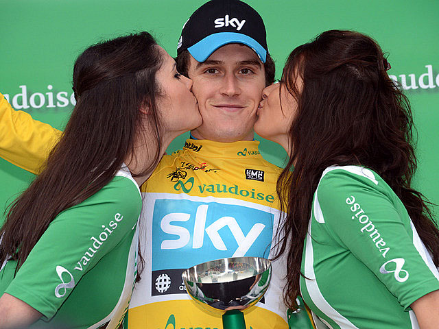 GeraintThomasRomandie_2755274 Gerraint Thomas of Sky Procycling won the Prologue and leader's yellow jersey at the Tour of Romandie. (skyteam.com)